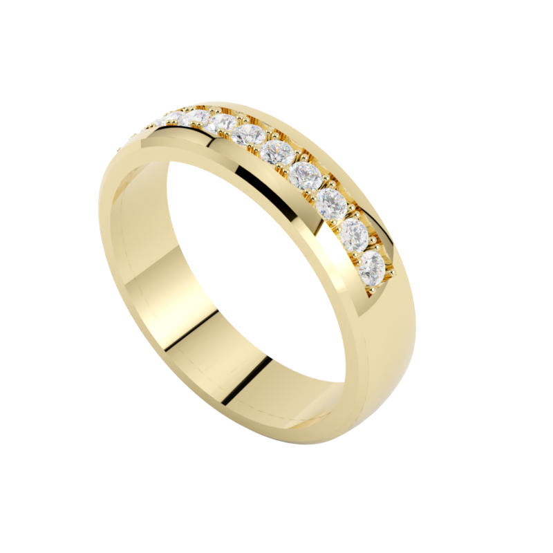 Obrączka ślubna z żółtego złota, zdobiona diamentami, emanująca blaskiem i elegancją